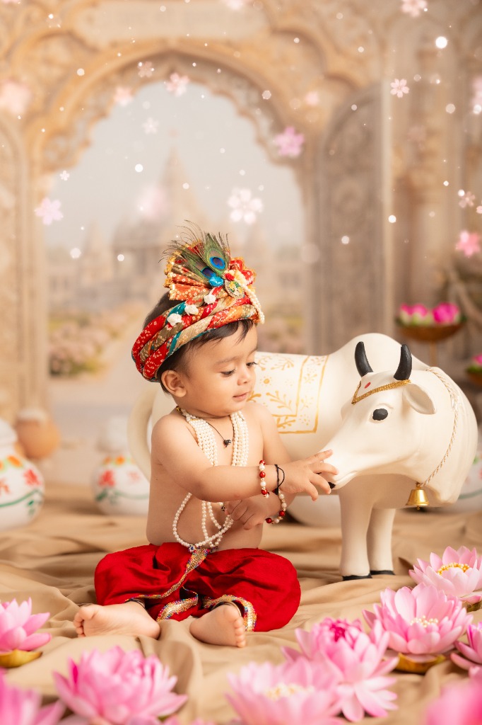 Baby Krishna theme session with cow toy