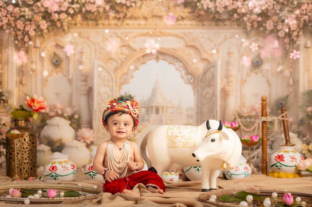 Baby Krishna theme session smiling and touching cow
